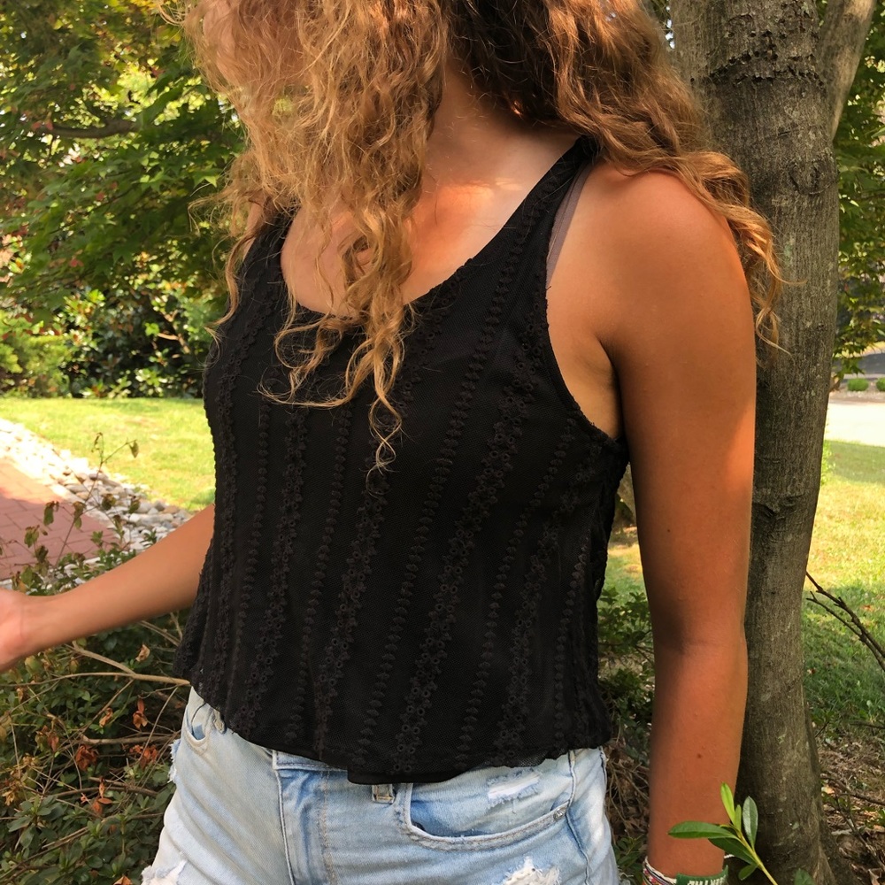 Black tank top with mesh/lace overlay